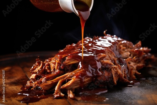 bbq sauce dripping from juicy pulled pork photo