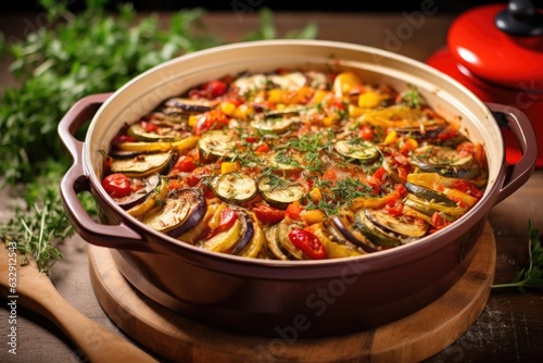 baked ratatouille in a casserole dish, steaming