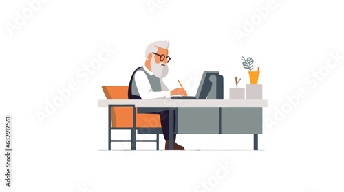 Drawing of an elderly man working at a table on a white background vector