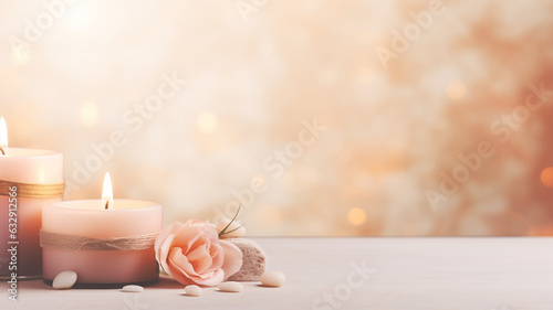 Aromatherapy wax soy organic natural balinese spa massage banner copy space burning candles with floral arrangement copy space banner