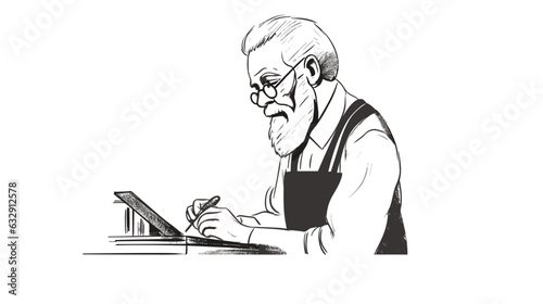 Drawing of an elderly man working at a table on a white background vector