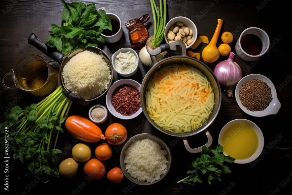 overhead view of ingredients: rice, cheese, broth, and vegetables