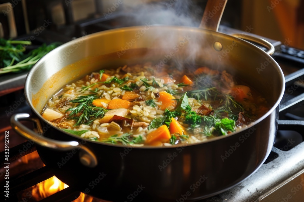 adding vegetable broth to simmering risotto mix