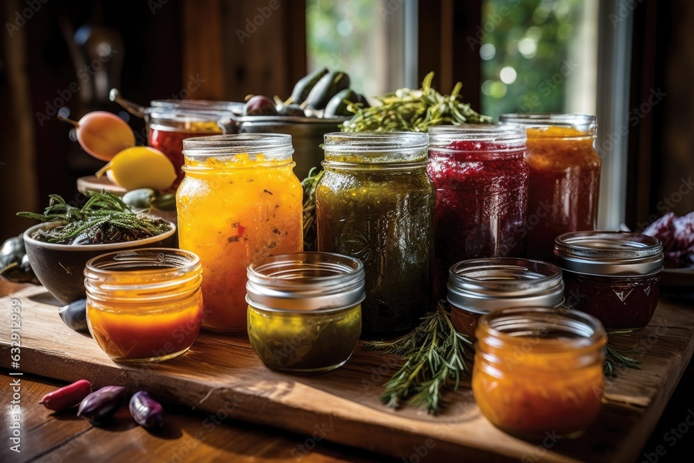 glass jars filled with homemade sauces glass jars filled with homemade sauces