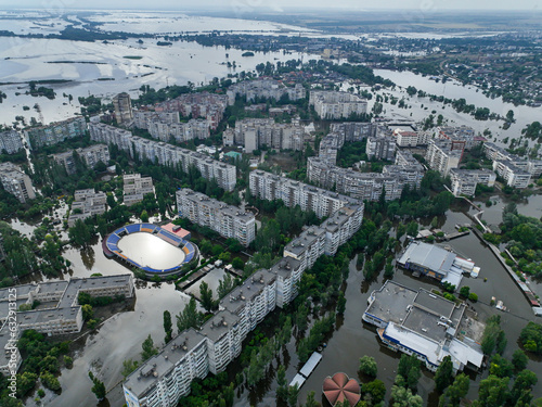 The flooded streets of the city of Kherson after the explosion of the dam of the Kakhovka reservoir. Ecological catastrophe in Ukraine. Russian-Ukrainian war. Exclusive drone footage photo