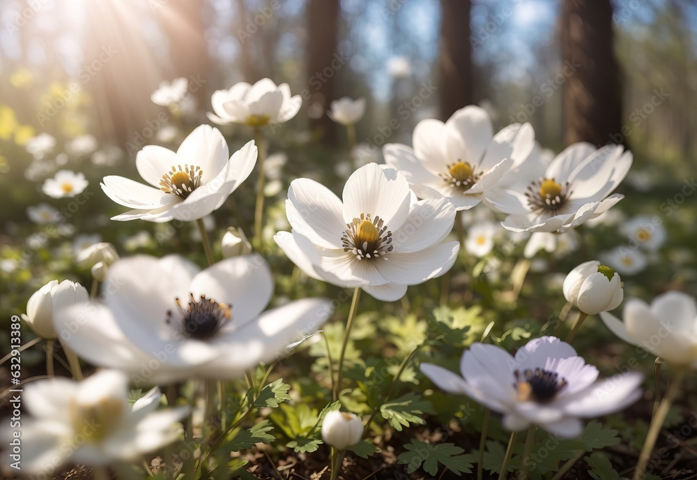 Obraz premium Beautiful white flowers of anemones in spring in a forest close-up in sunlight in nature