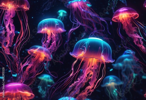 Bioluminescent jellyfish, neon glowing underwater