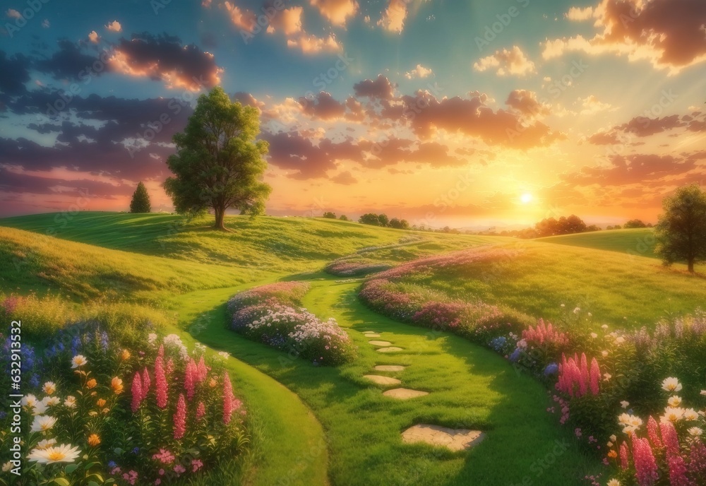 Beautiful sunset over green meadow covered with flowers with winding path