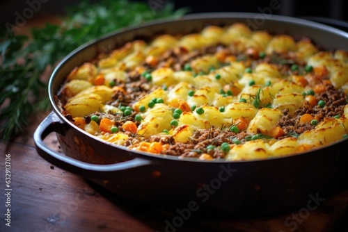 shepherds pie fresh out of the oven, golden crust