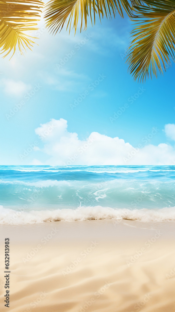 Beautiful Tropical paradise beach with sand and palm leaves in blur. Flyer background for Summer