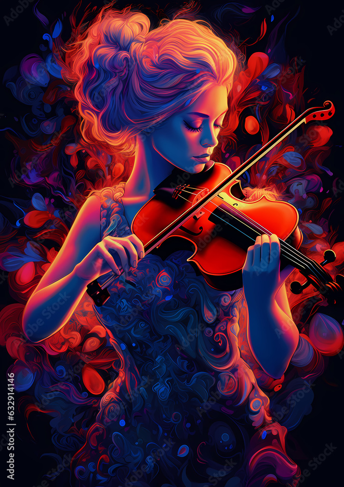 Abstract digital painting of a woman who is playing violin, her dress is made of spiral ornaments, fluorescent infrared neon colors, dark delicate chromatics.