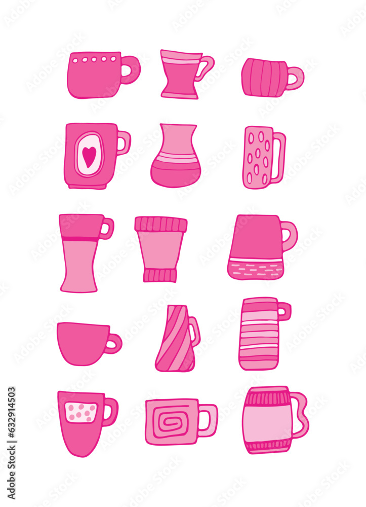 Set pink beautiful mugs in a retro style on a white background. Tea drinking. Beverages. Design element. Beautiful glassware for drinks. Vector illustration. Flat design. Set pink beautiful mugs in a retro style on a white background. Tea drinking. Beverages. Design element. Beautiful glassware for drinks. Vector illustration. Flat design.