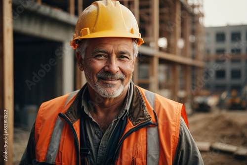 man working on a construction site, construction hard hat and work vest, smirking, middle aged or older. Image created using artificial intelligence.