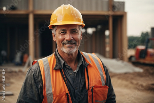Fotografija man working on a construction site, construction hard hat and work vest, smirking, middle aged or older