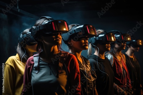 People wearing virtual reality headset. VR goggles innovation technology. Generative AI