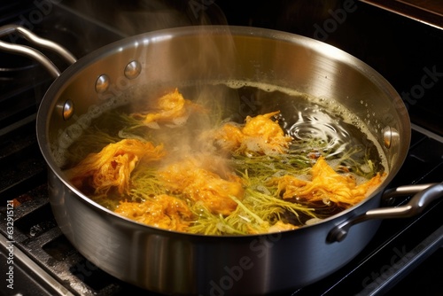 frying tempura in a bubbling hot oil pan
