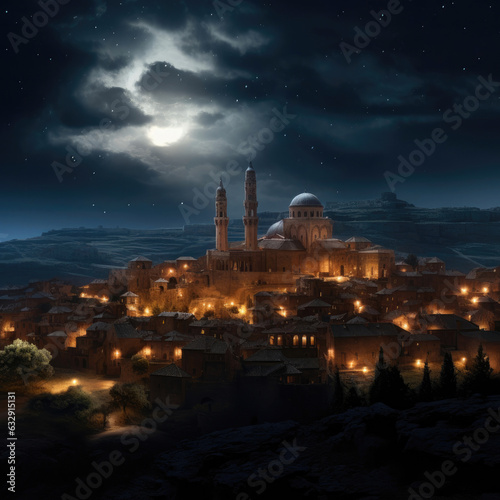 Castle on High Hill, Domed Basilica, and Night Sky