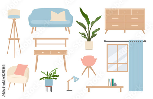 Living room interior elements set in flat cartoon style. Romantic cute interior. Vector sofa, armchair, chest of drawers, home plants illustration.