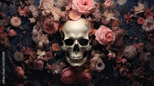 Fototapeta Naklejka Na Ścianę i Meble -  beautiful halloween skull decorated peonies, roses flowers
