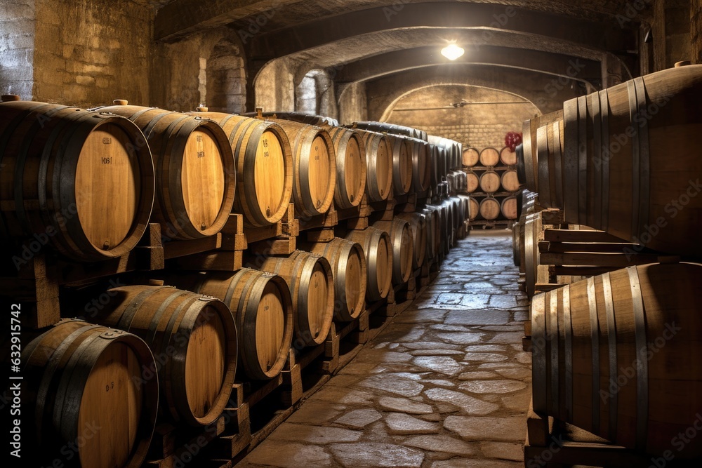oak barrels for aging wine in cellar