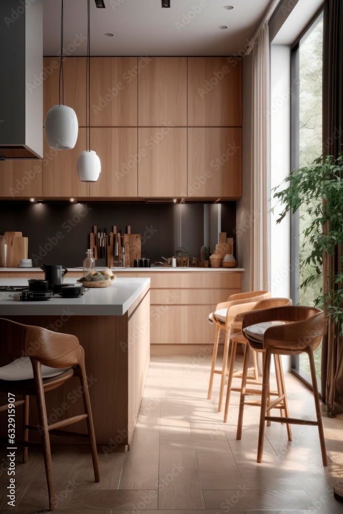 Photo of modern minimalist style kitchen. Generative AI.