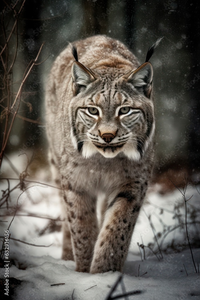 A lynx was stealthily prowling through the snowy forest. Generative AI. A lynx was stealthily prowling through the snowy forest. Generative AI.