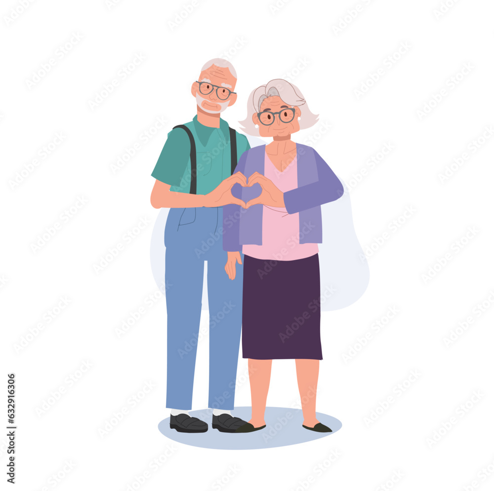 Aged Happiness and Love concept. Cute Happy Elderly Couple Making Heart Shape Hand Gesture. Flat vector cartoon illustration Aged Happiness and Love concept. Cute Happy Elderly Couple Making Heart Shape Hand Gesture. Flat vector cartoon illustration