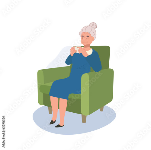 Cozy Tea Time concept. Senior Woman's relaxing and Enjoying Peaceful Tea Time on Couch.
