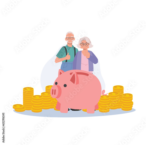 Retirement Happiness concept. Elderly Couple Celebrating Financial Success with Piggy Bank Savings