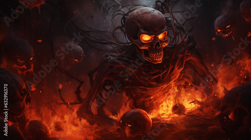 Abstract Dark Halloween Hell Fire and skull and pumpkin