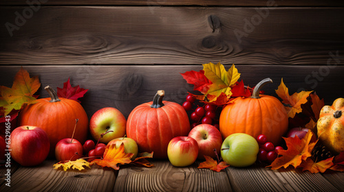 Apples pumpkins and fallen leaves on wooden background