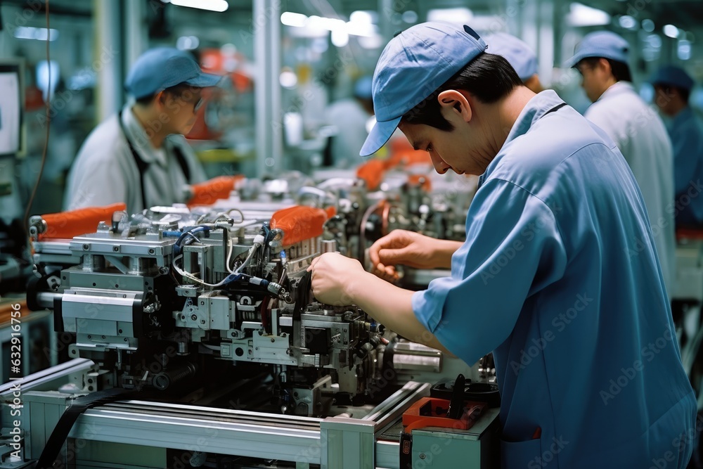 Skilled individuals operating various machines in a manufacturing or industrial Skilled individuals operating various machines in a manufacturing or industrial
