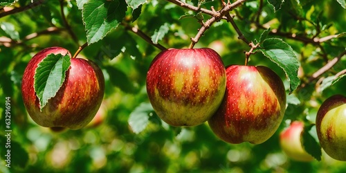 Red apples on a branch with leaves. photo