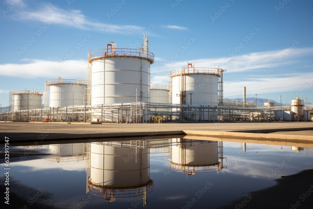 Tank farm with rows of oil storage tanks.