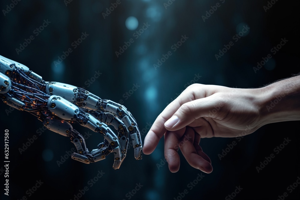 AI robot hand and human hand reach out to each other with fingers touching, representing the integration of technology and human interaction. Artificial intelligence concept. AI robot hand and human hand reach out to each other with fingers touching, representing the integration of technology and human interaction. Artificial intelligence concept.