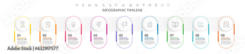 Timeline vector infographic with infochart. Business modern template presentation with nine steps and icons for the process. Art template on white background with 9 circles