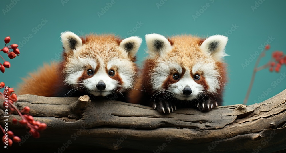 Obraz premium Red panda peeking out from behind a tree. Turquoise background with copy space. A rare feline bear listed in the Red Book. The threat of extinction of an unusual canine predator.