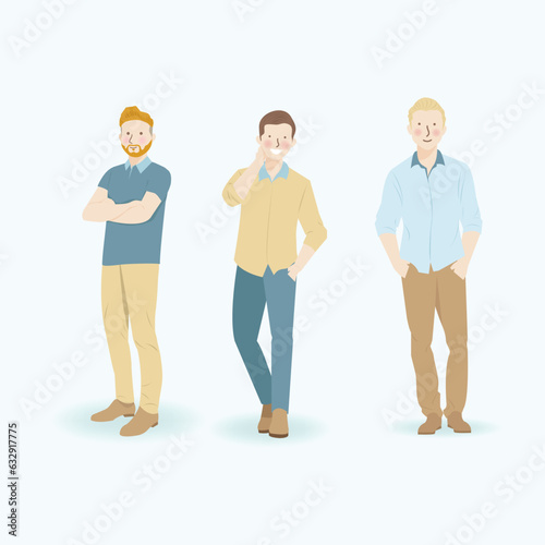 Men character illustration in standing pose wearing casual clothes with the teal yellow color theme © pieta