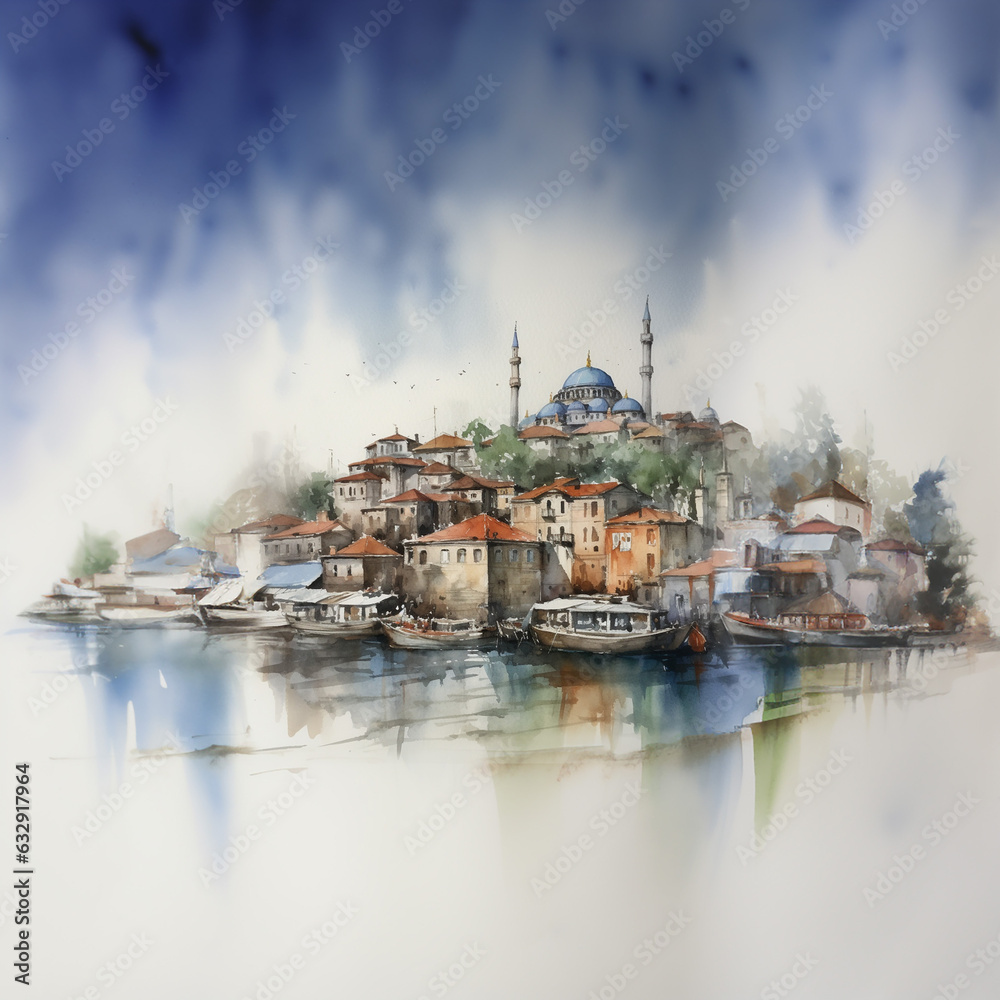 Istanbul, Turkie watercolor graphic. AI generative Istanbul, Turkie watercolor graphic. AI generative
