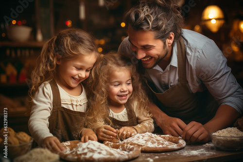 Father is baking christmas cookies with his children, winter holiday, homemade gingerbread, family time, generative AI