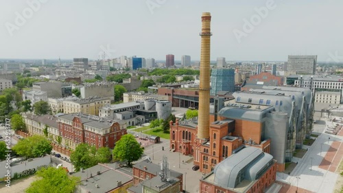 A drone shot of the Science and Technology Center EC1 in Lodz, an old municipal power plant consisting of two blocks. Aerial, Cityscape, Architecture, Urban development, Landmark, Revitalization photo