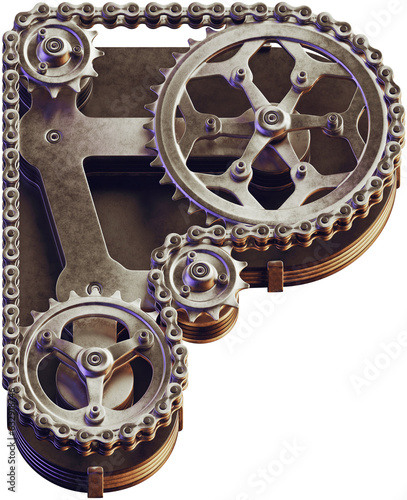 Vintage mechanical letterP. 3d rendering of steampunk style font made of bike gears and chain. photo