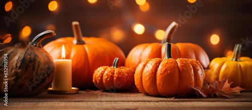 Closeup of pumpkins and burning candles