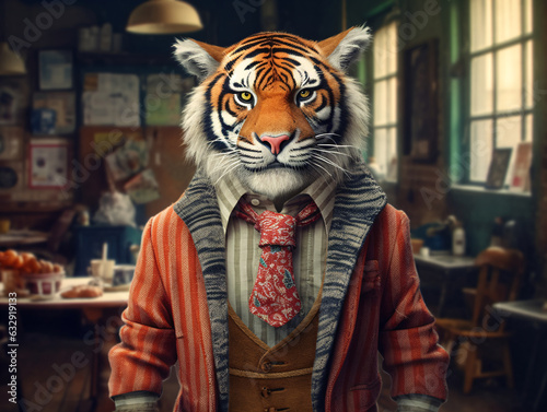 Tiger portrait on a human body wearing a beige cardigan, collared shirt, and red paisley tie in a vintage cafe. photo