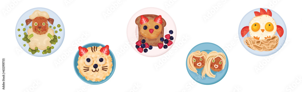 Fototapeta premium Food for Kids on Plates Serving Ideas Top View Vector Set