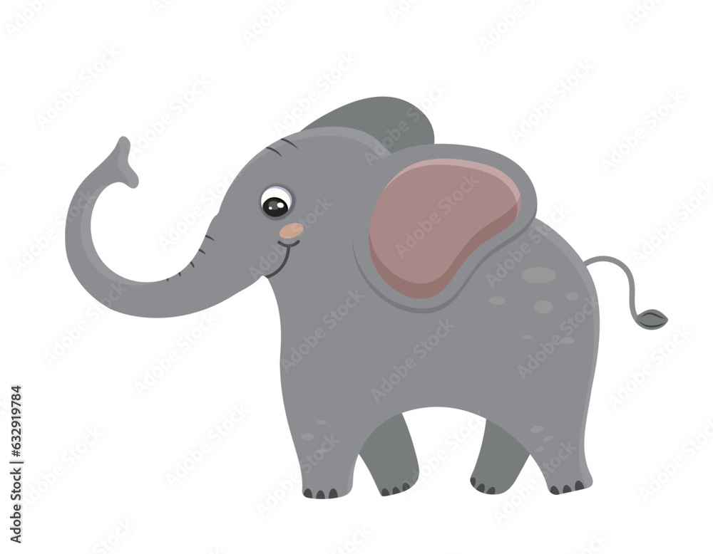 Elephant, wild animal, african mammal, cartoon, safari, baby, zoo, trunk, nature. Big, huge, grey, smiling, friendly, happy, cute. Isolated on white background. Vector illustration Elephant, wild animal, african mammal, cartoon, safari, baby, zoo, trunk, nature. Big, huge, grey, smiling, friendly, happy, cute. Isolated on white background. Vector illustration