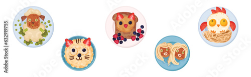 Food for Kids on Plates Serving Ideas Top View Vector Set