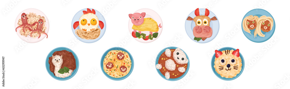 Food for Kids on Plates Serving Ideas Top View Vector Set Food for Kids on Plates Serving Ideas Top View Vector Set