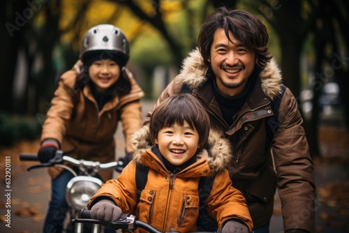 Father and mother and children wearing helmet riding bike together. Generative AI