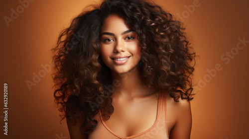 Beautiful young african american woman with curly hair on brown background.